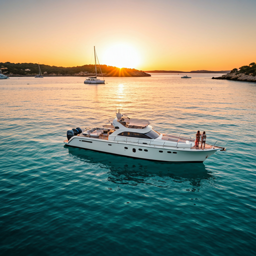 Barco de Faralmar en una cala turquesa de Menorca al atardecer