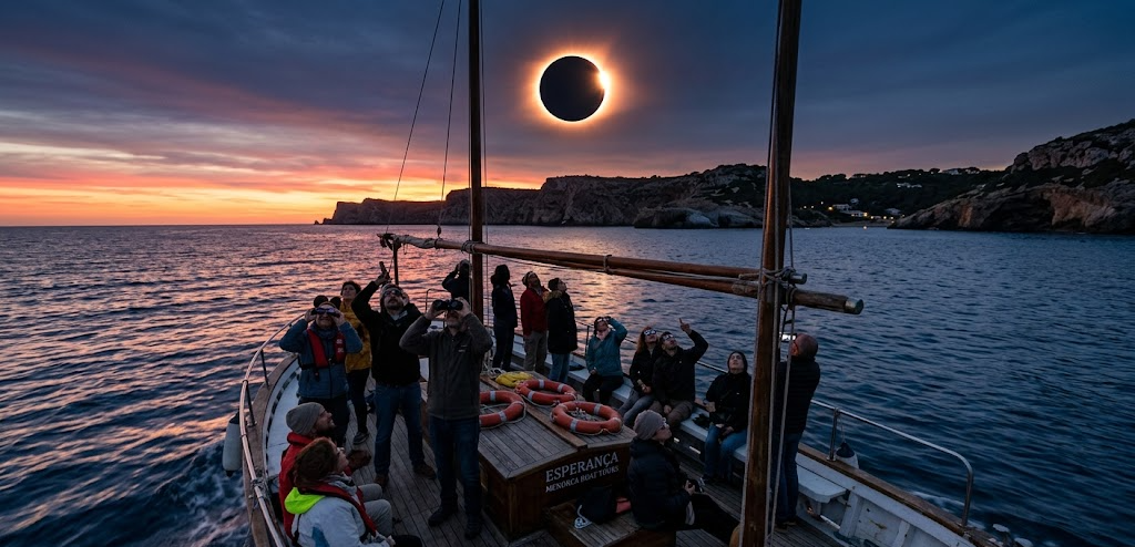 Eclipse solar total visto desde un barco de Faralmar en el mar de Menorca